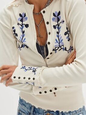 Free People Fleur Button-Up Top with Blue Embroidery